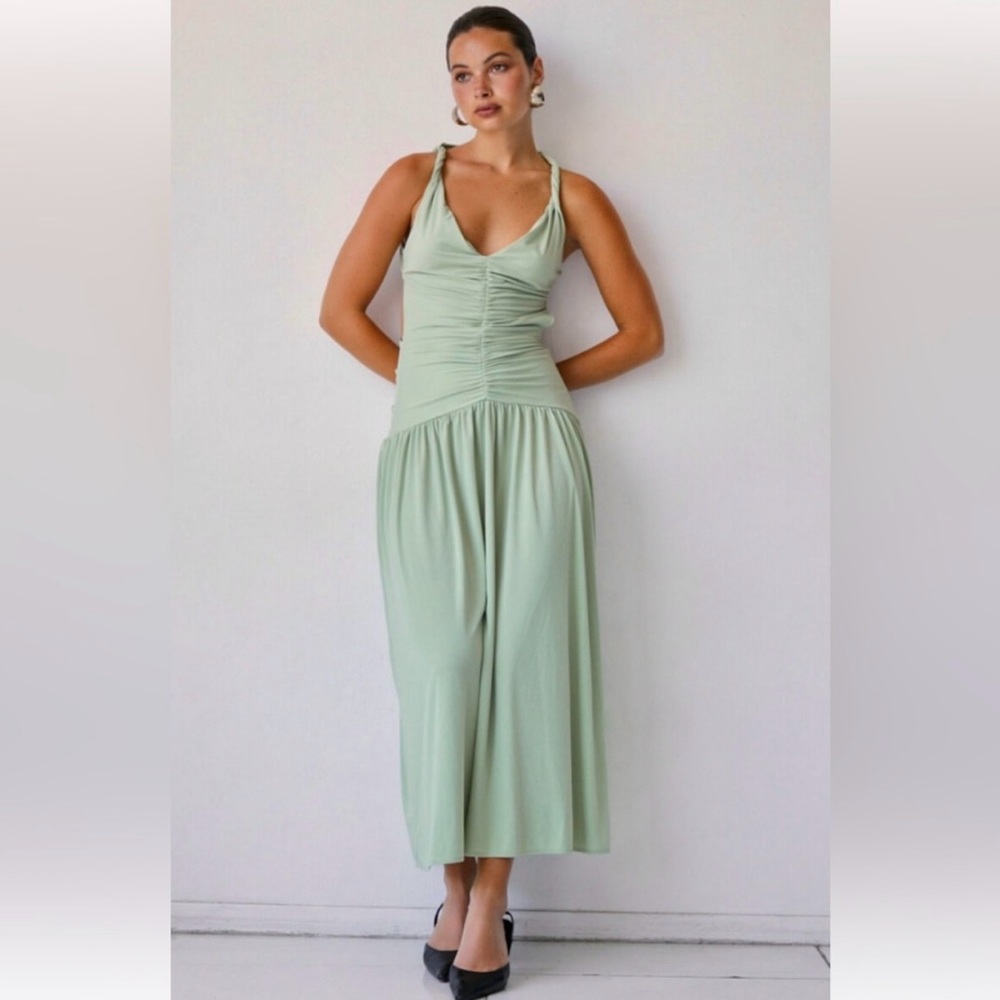 NWOT Zara Apple Green Drop Waist Ruche Dress